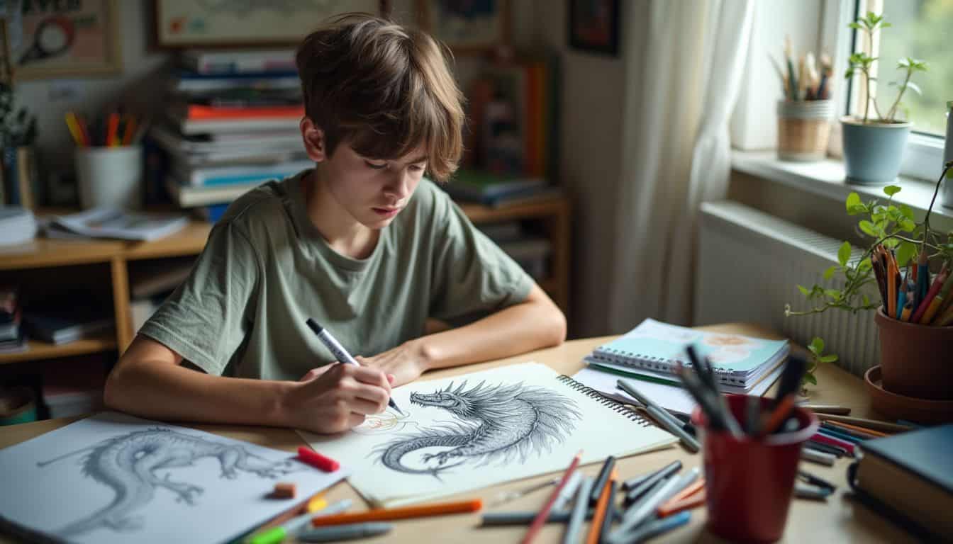 A college student sketches a detailed dragon at a cluttered desk.