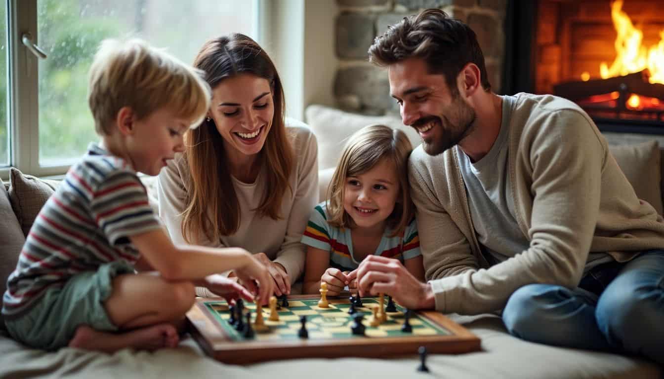 A family of four enjoys a board game in their cozy living room.