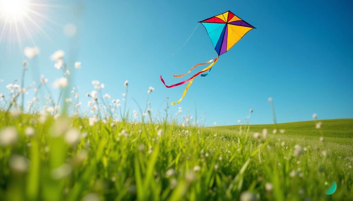 A colorful kite flies high in clear, sunny skies over a green meadow.