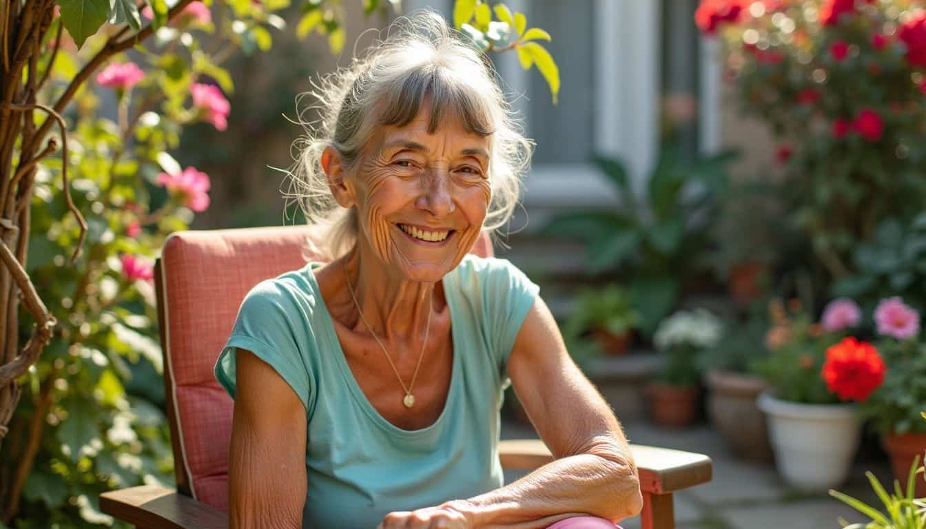 An elderly woman relaxes in a colorful, vibrant backyard garden.