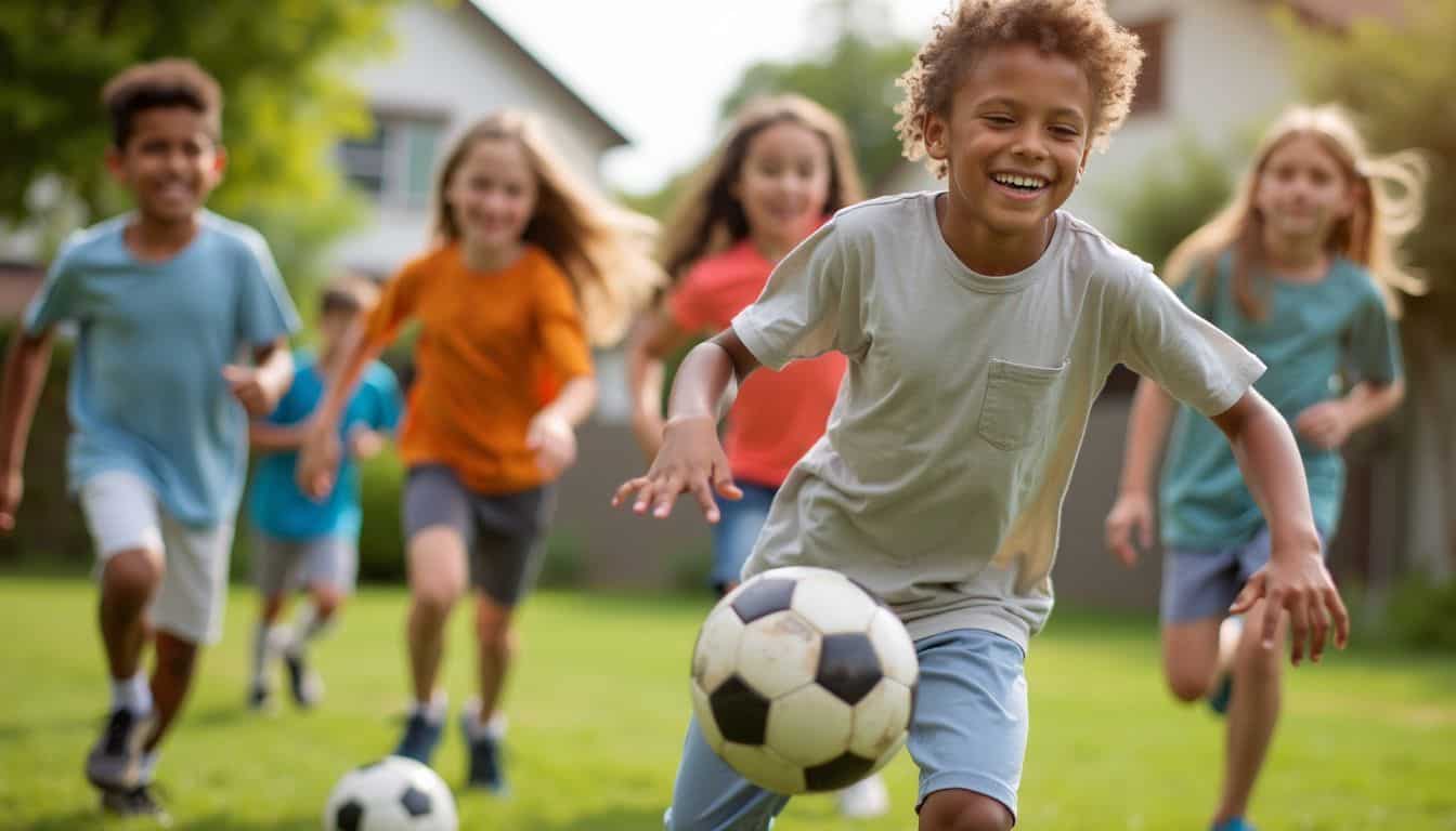 Children of different ages and backgrounds playing soccer together in a park.