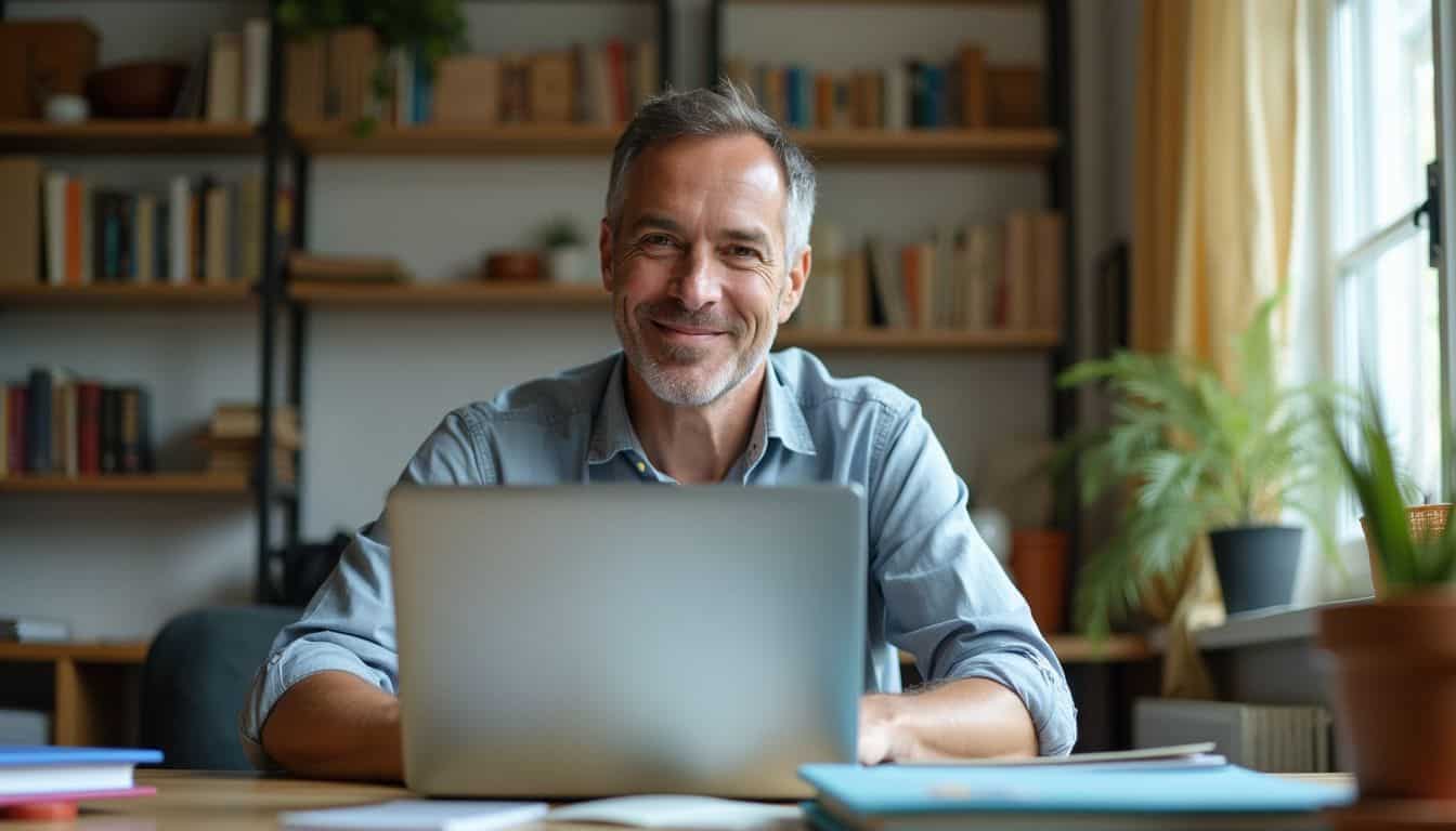 A middle-aged man is engaged in an online course at his desk.