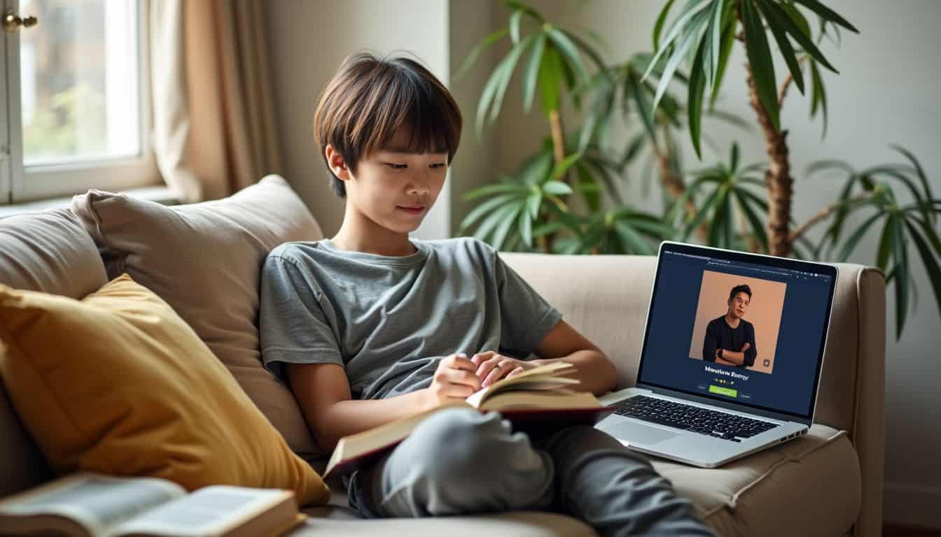 A teenager sits on a couch surrounded by open books and a laptop, listening to a podcast.