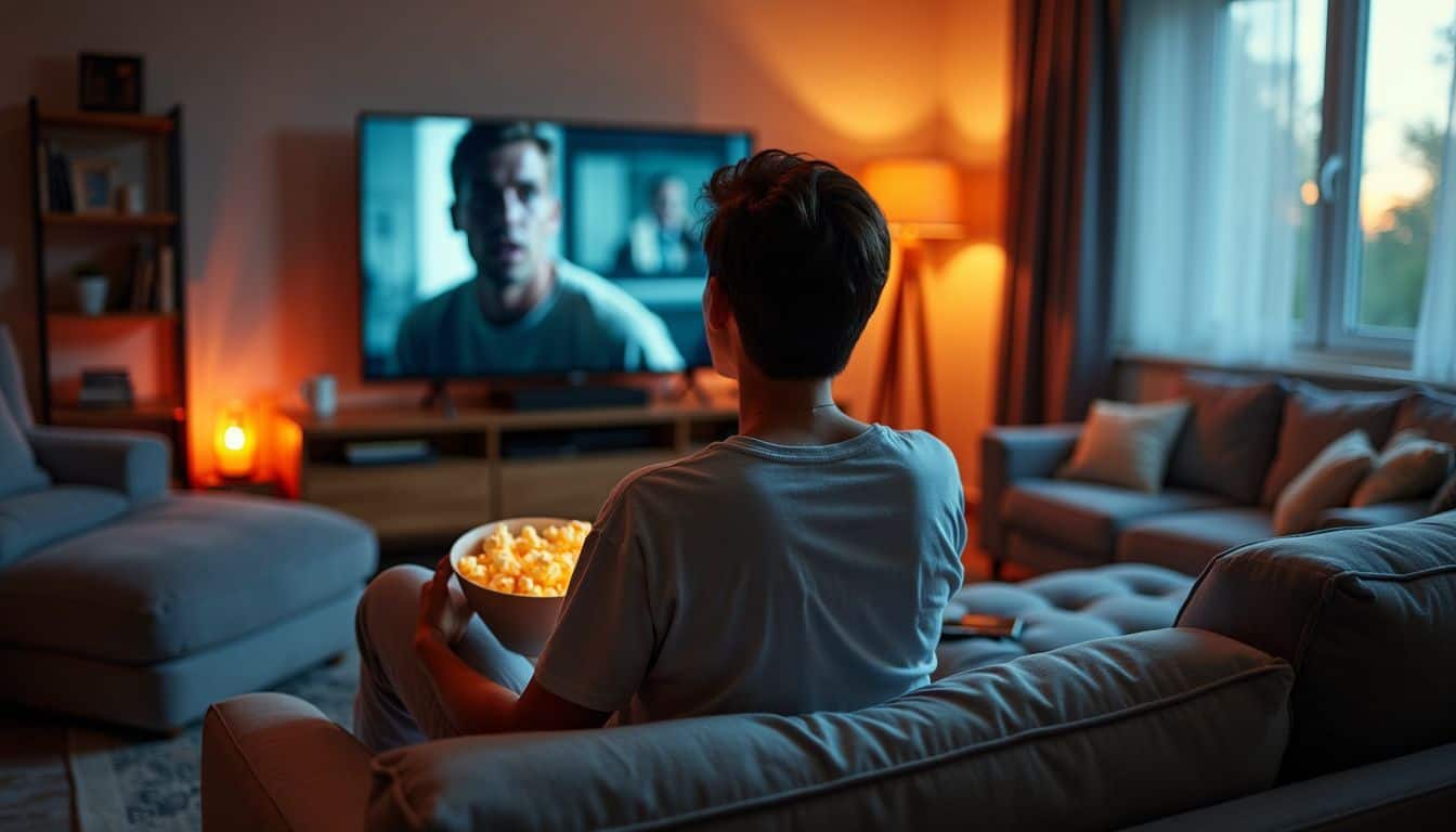 A person enjoying a cozy night in watching TV with popcorn.