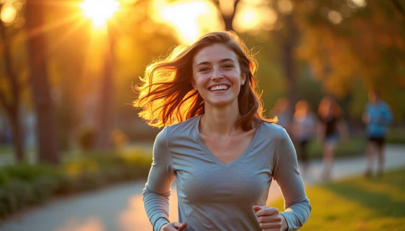 A young woman running happily through a colorful park at sunset.