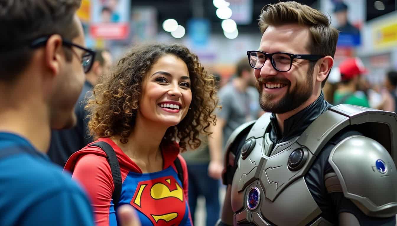 Diverse group dressed as pop culture characters at Comic-Con convention.