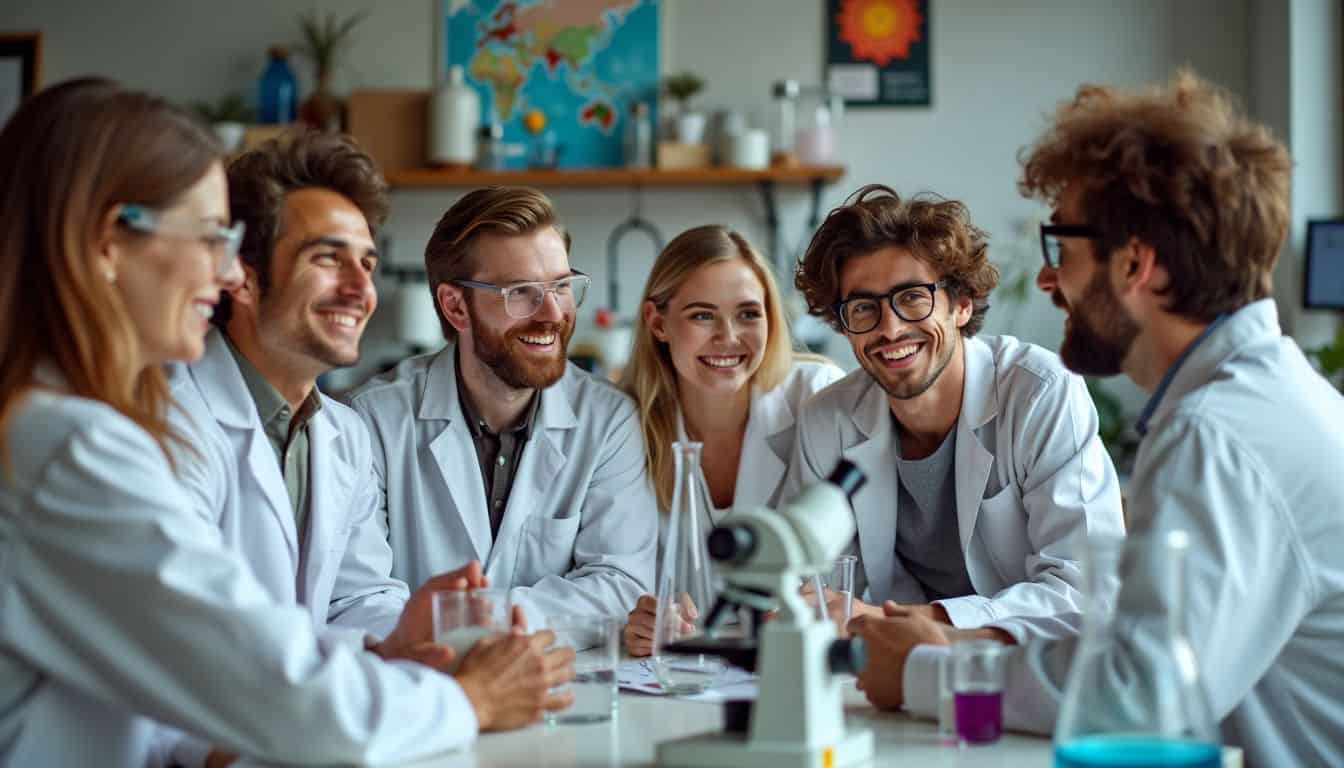 A group of young scientists in a university lab discussing recent discovery.