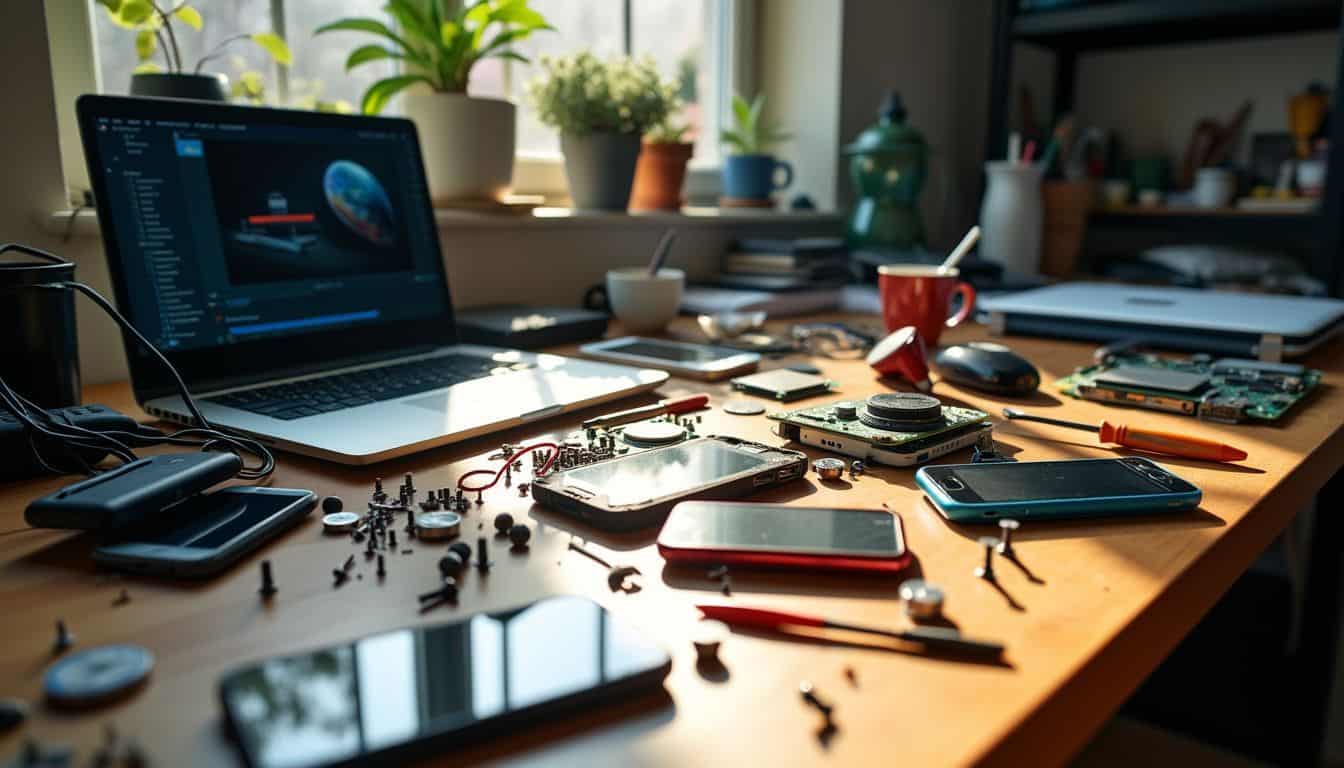 A cluttered workbench with disassembled tech devices and tools.