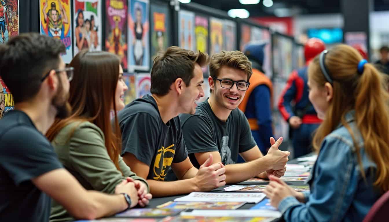 A group of young adults discuss comic books at a convention panel.