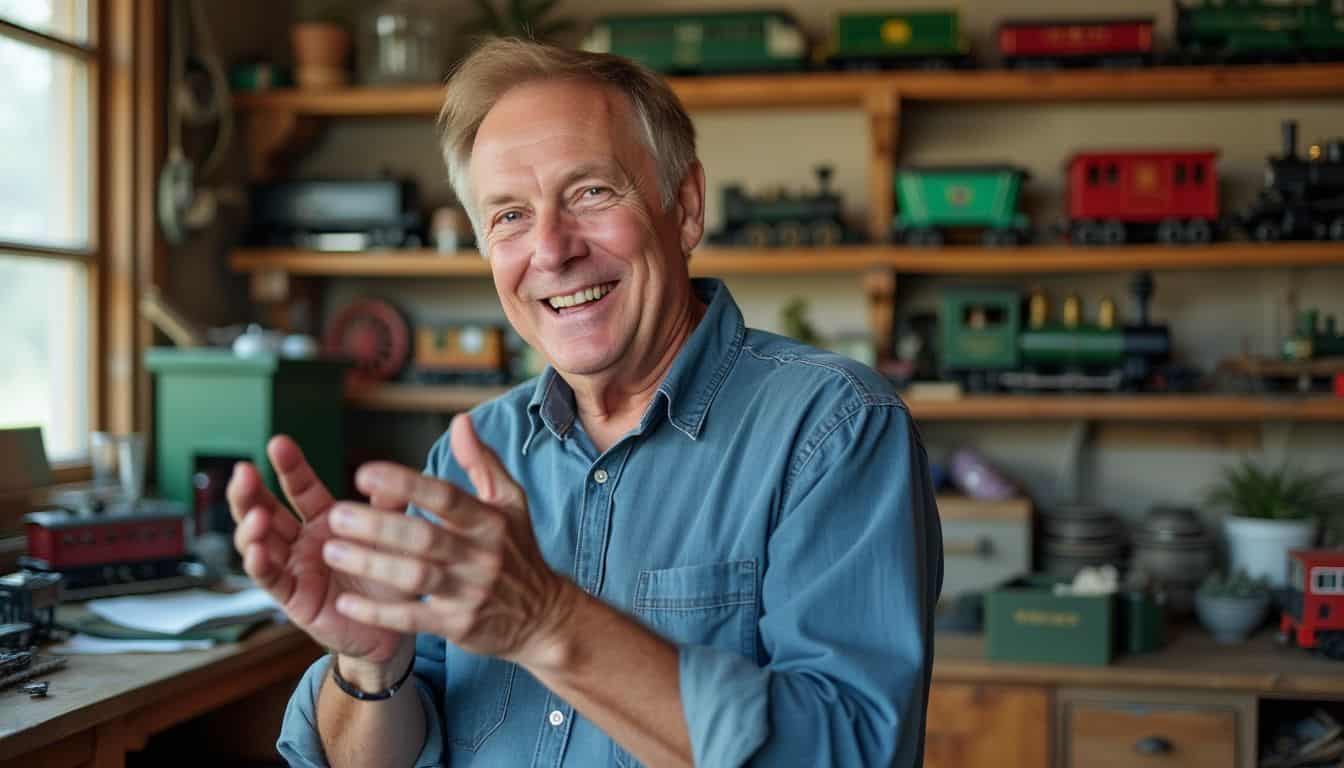 A middle-aged man in a cluttered workshop discussing vintage locomotives.