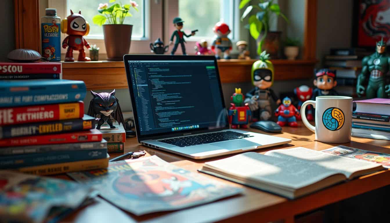 A cluttered desk with open comic books, a laptop, and collectibles.