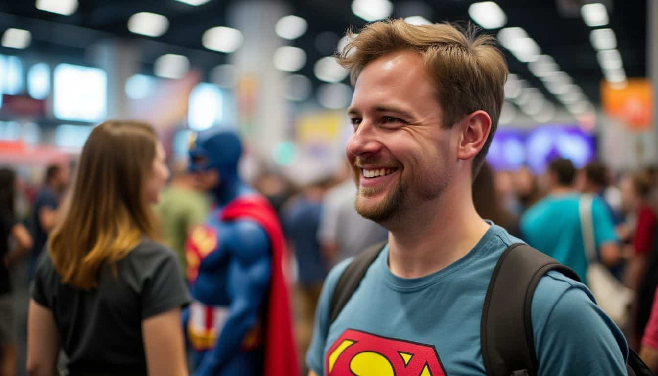 A man in his 30s enthusiastically discussing superhero movies at a comic convention.