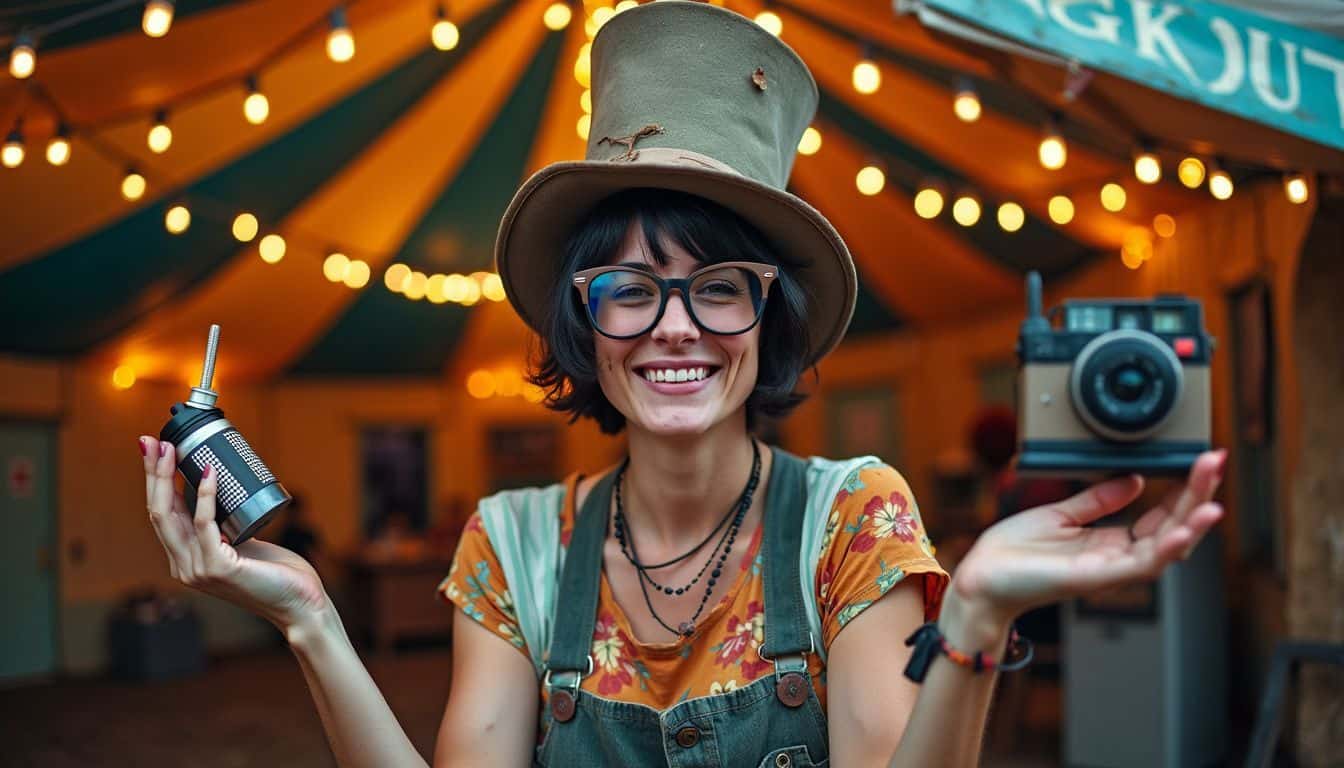 A person in a vintage circus tent enthusiastically showcases quirky items.