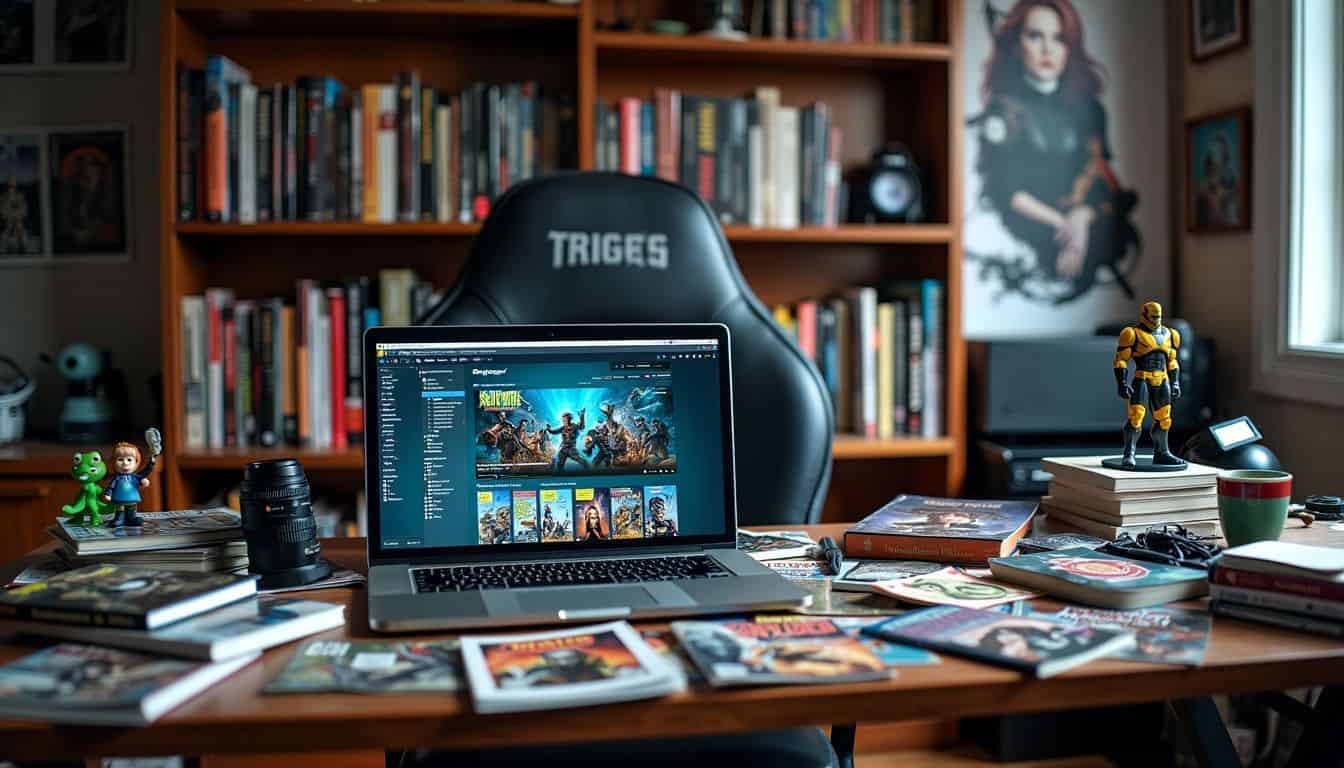 A cluttered desk with comic books, action figures, and a laptop.