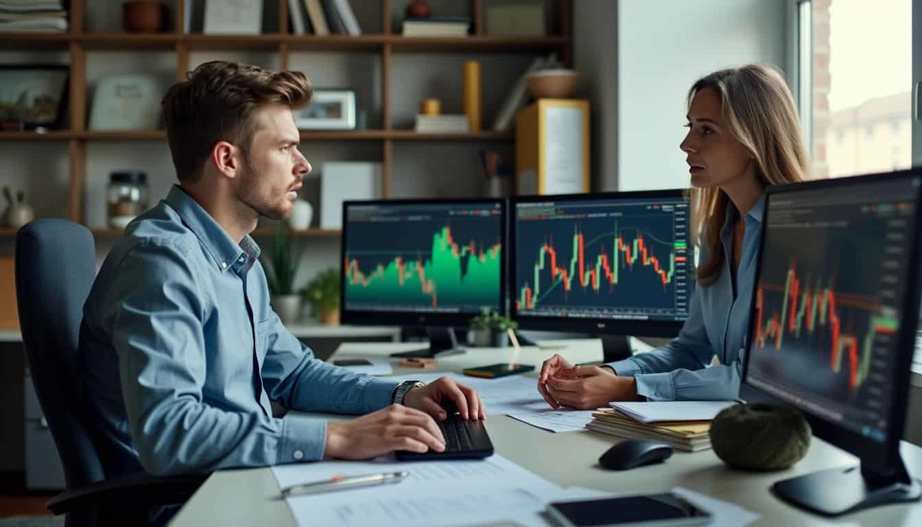 A man looks concerned while a woman reassures him during cryptocurrency trading.