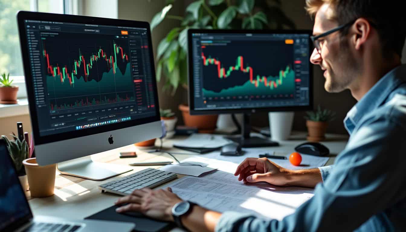 A cluttered desk with papers and two computer screens displaying cryptocurrency prices.