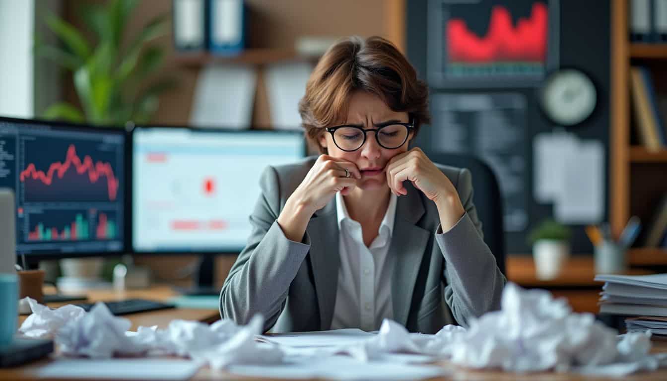 A stressed person in a messy office with crumpled papers and computer graphs.