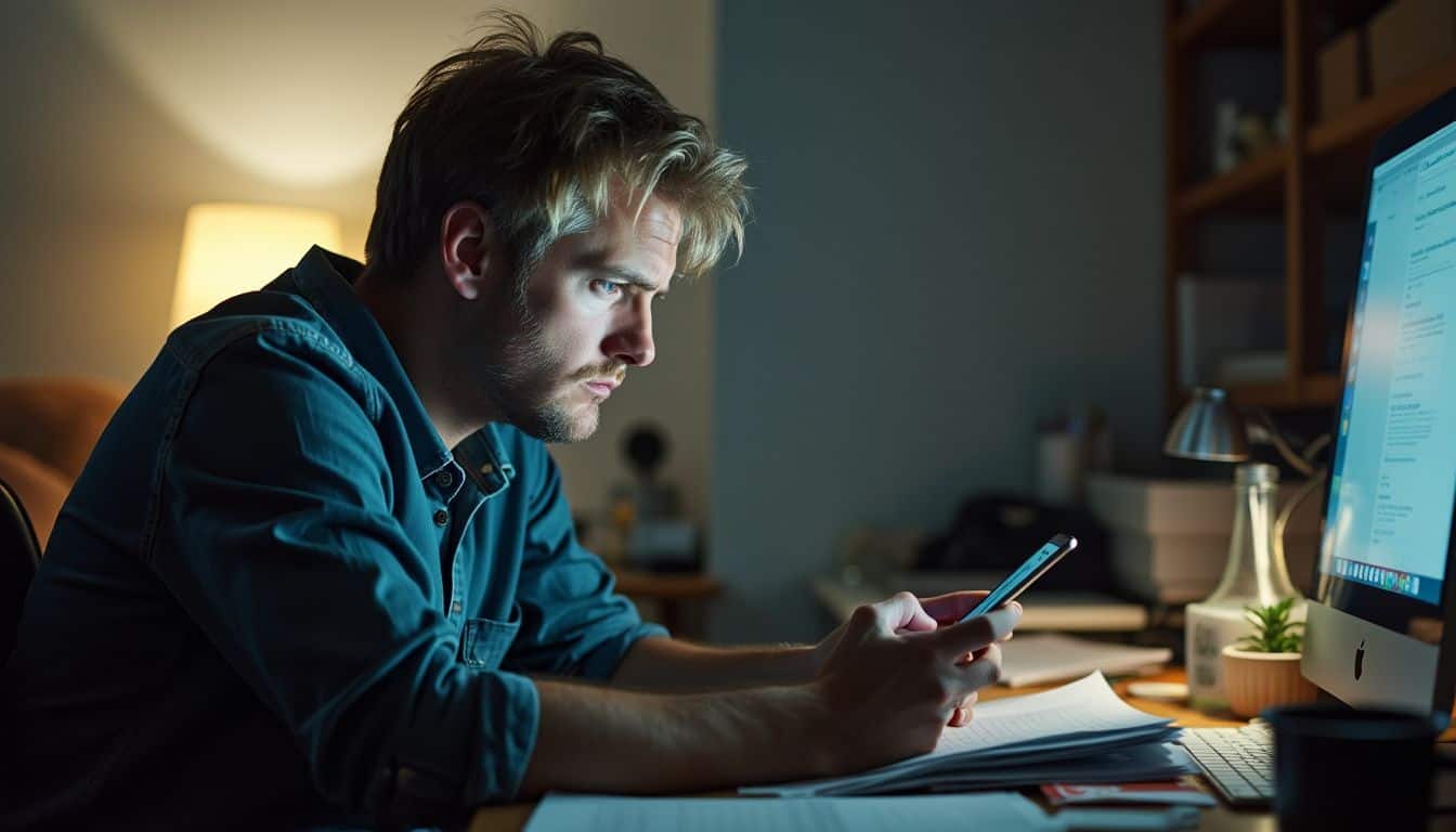 A man sits in a cluttered room, appearing anxious as he reads negative news about cryptocurrency on his phone.