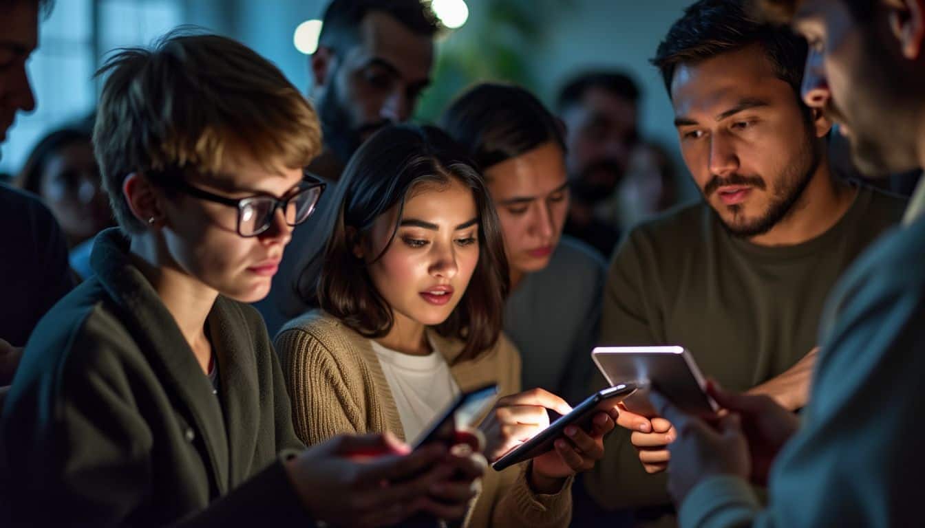 A group of people anxiously check their smartphones for cryptocurrency updates.