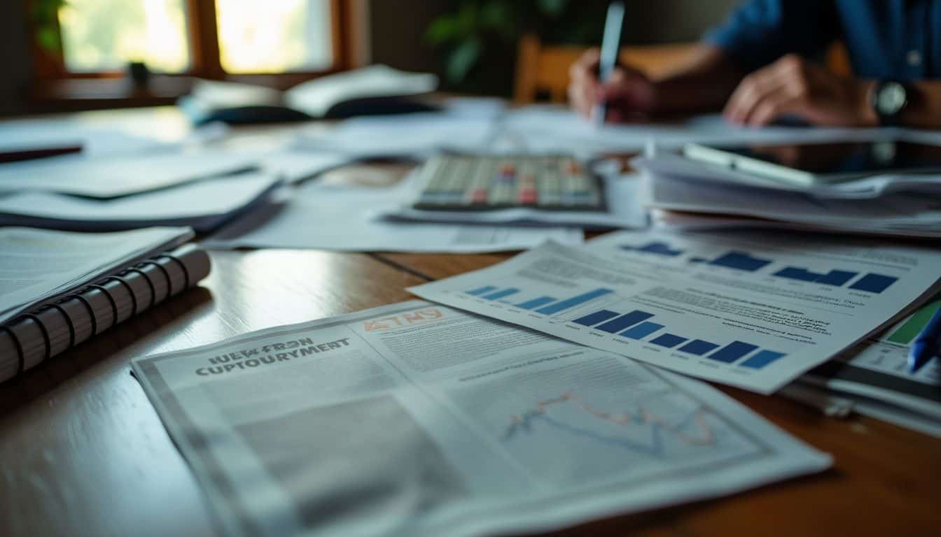 A cluttered table with cryptocurrency-related papers and graphs.