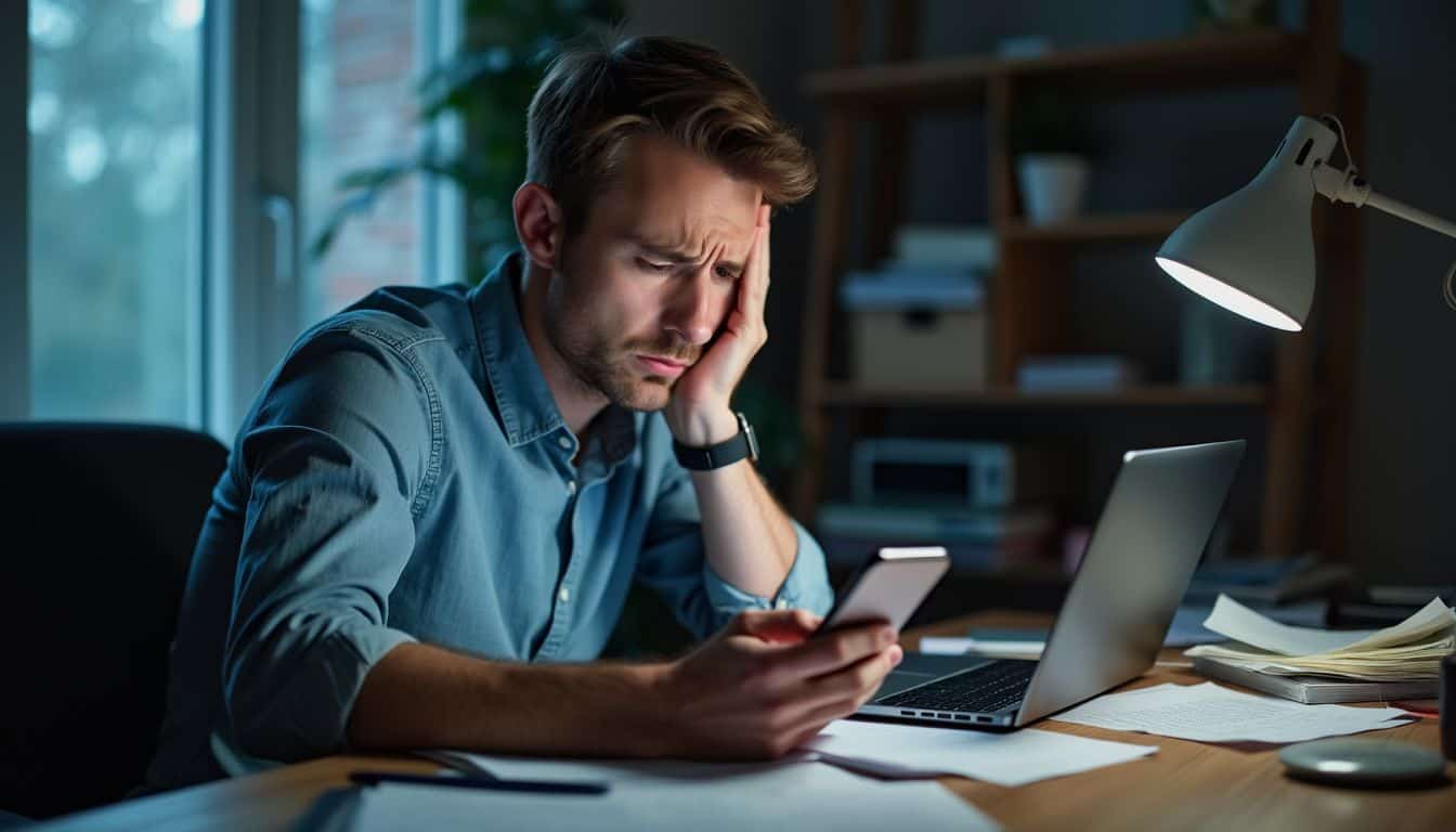 A stressed investor monitors cryptocurrency prices on his phone late at night.