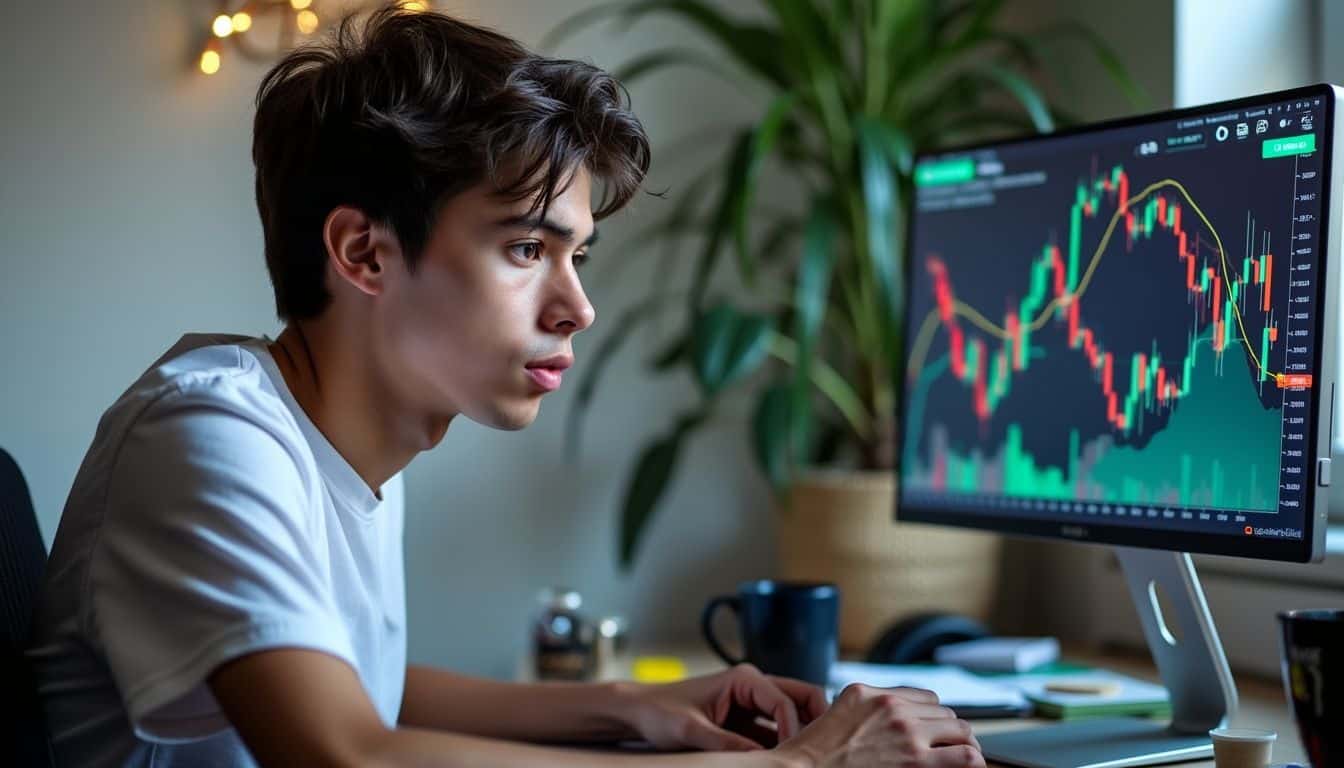 A focused young investor analyzes cryptocurrency prices and potential buying opportunities.