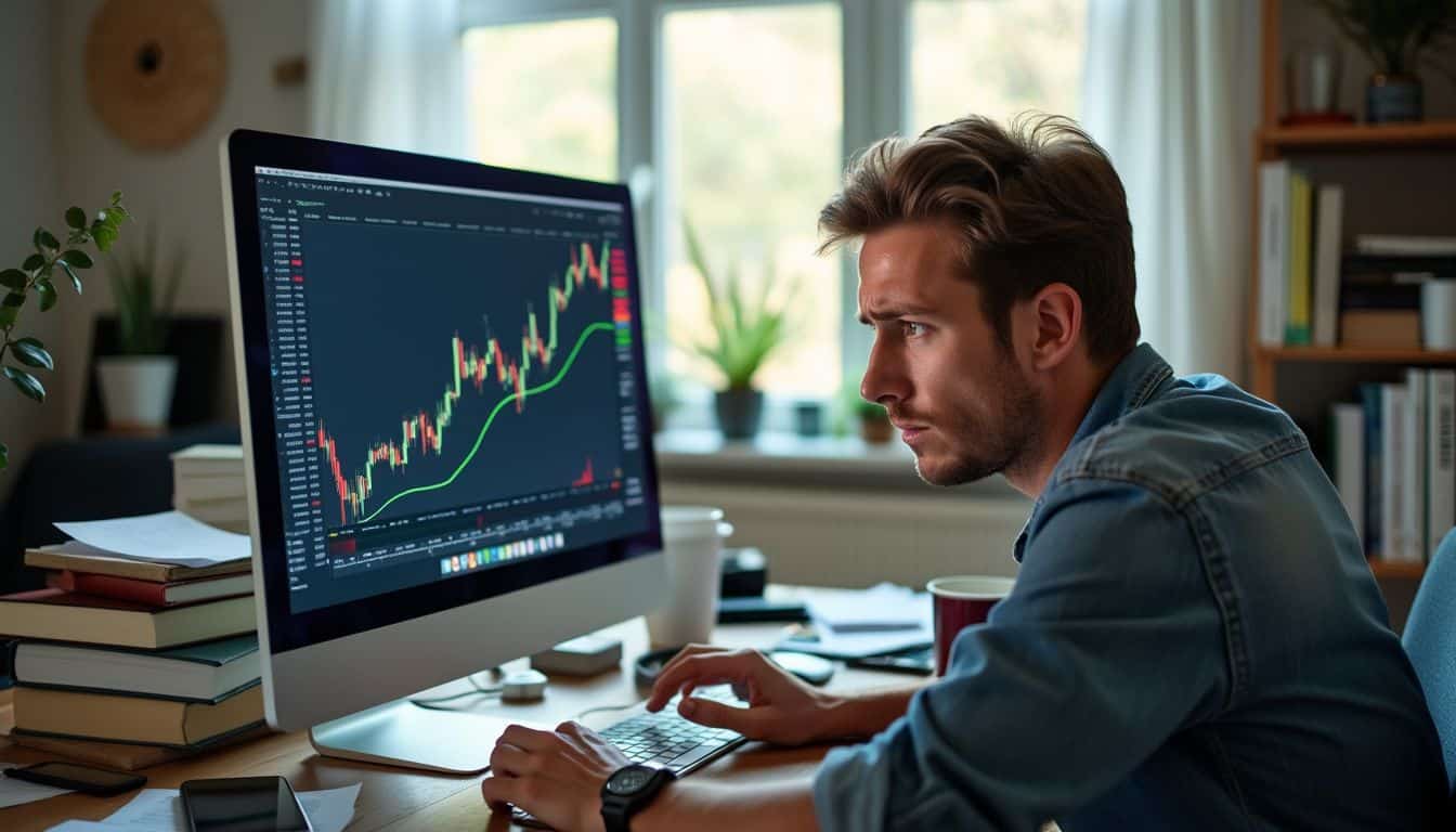 Stressed man at cluttered desk monitors changing cryptocurrency prices.