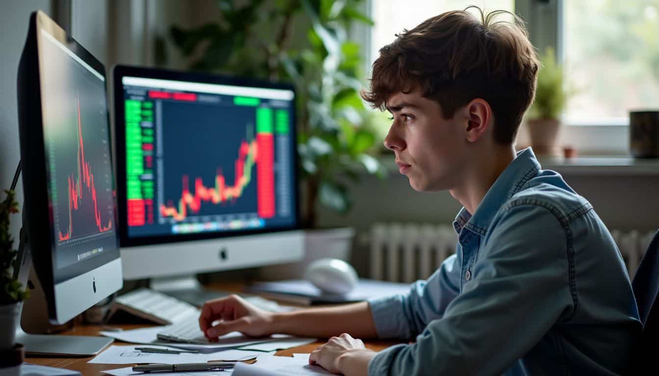 A person is sitting at a cluttered desk, monitoring cryptocurrency prices.