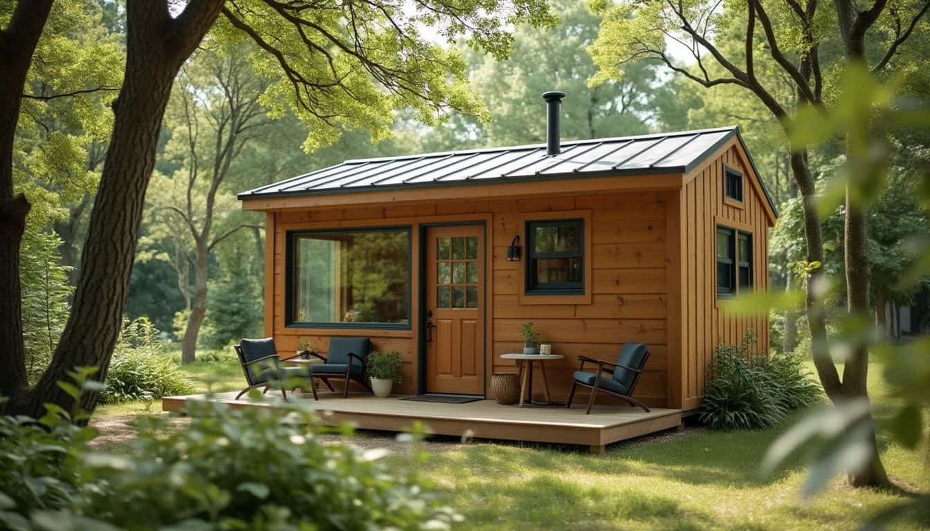 A minimalist, eco-friendly tiny house in a natural environment.