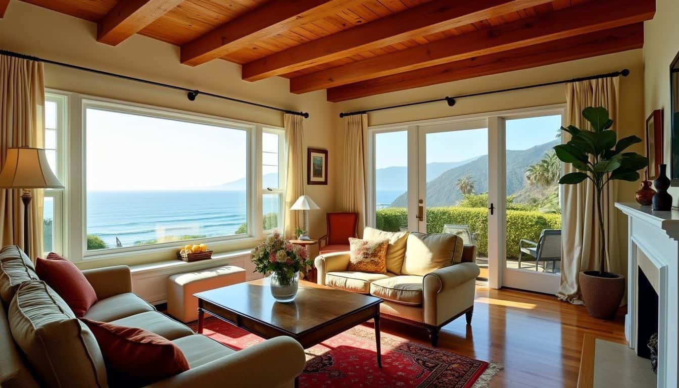 The photo shows Gene Wilder's former bright living room with ocean view.