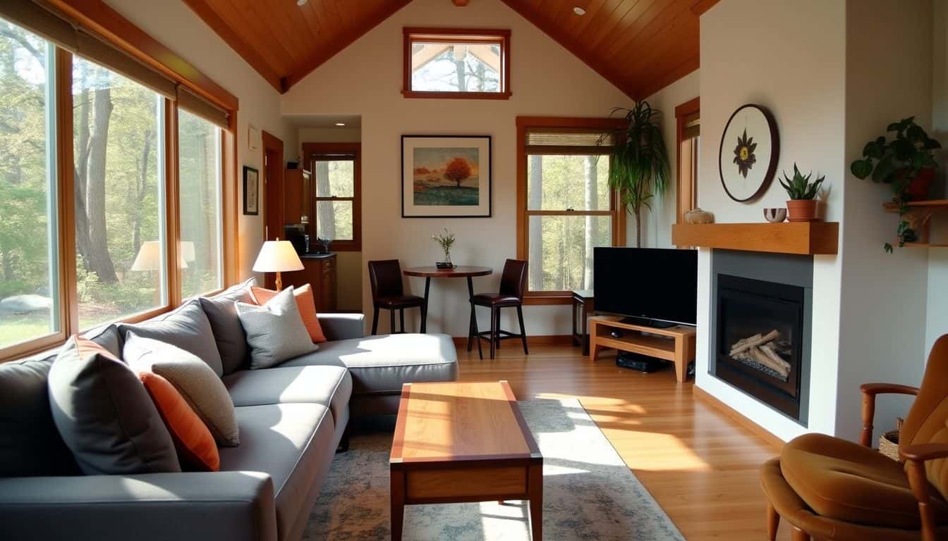 The cozy living area in Musk's tiny home features a comfortable couch, fireplace, and TV.