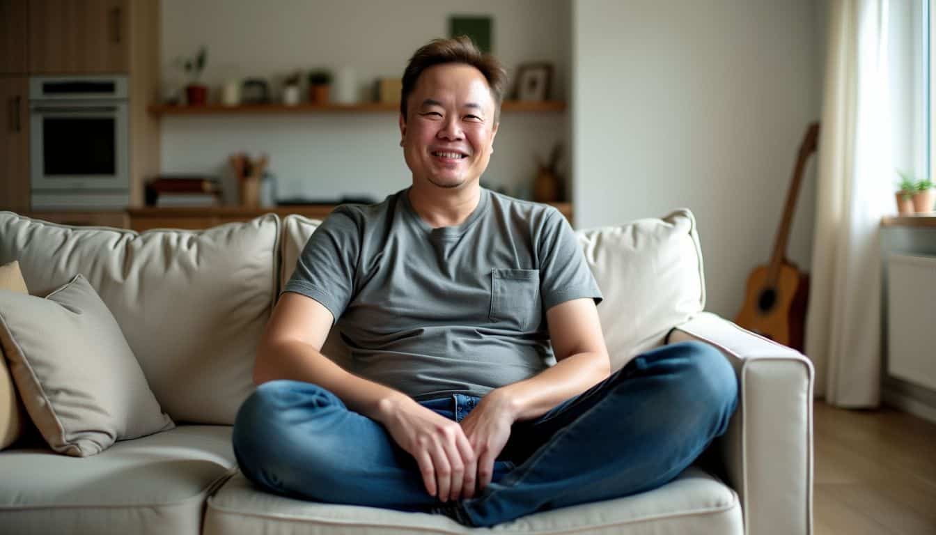 A middle-aged man sits comfortably in a minimalistic living room.