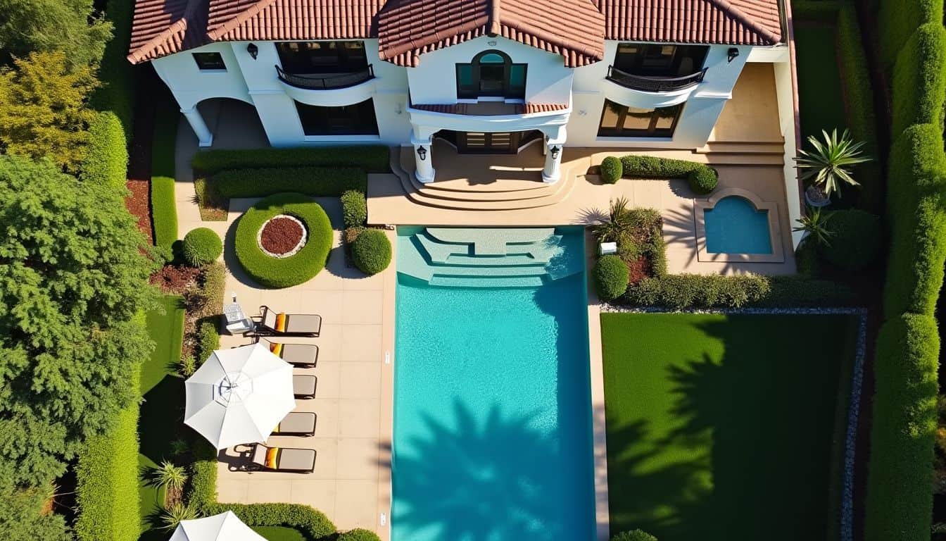 Aerial view of a luxurious mansion with gardens and a pool.