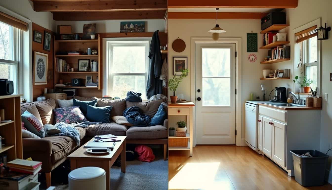 The image contrasts a cluttered room with a tidy minimalist tiny home.