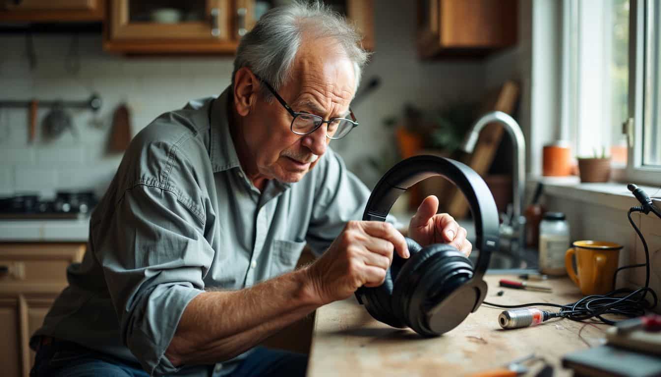 An older man crafting vintage headphones in his modest kitchen.