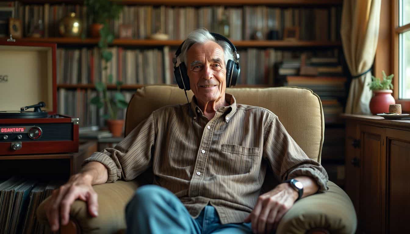 An elderly man enjoys listening to vintage records in a cozy room.