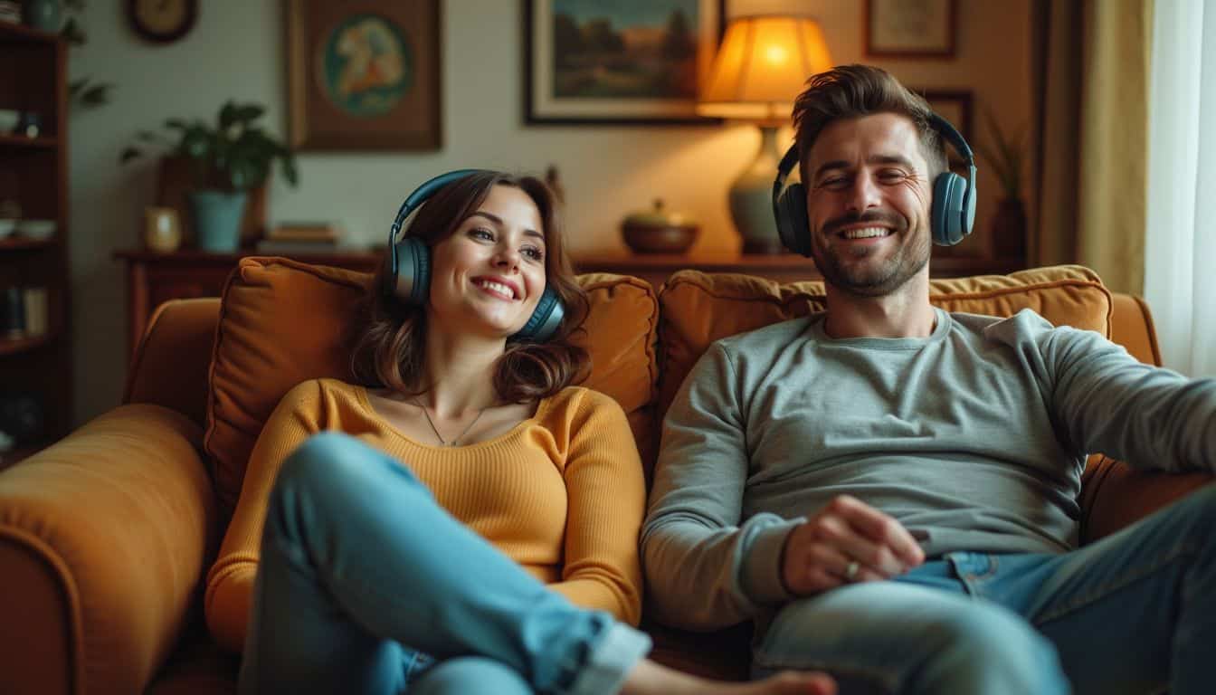 A couple relaxes in a 1960s vintage living room, listening to music.