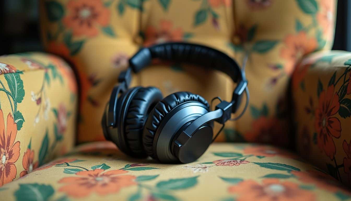 A pair of vintage wireless headphones sitting on a floral armchair.