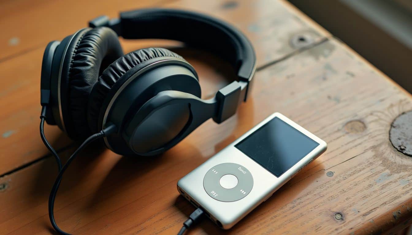 Modern headphones placed next to vintage iPod on wooden table.