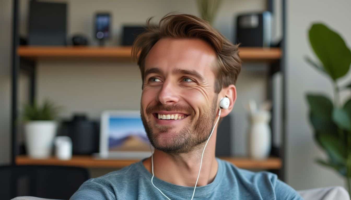 A man in his 30s enjoys music with Apple AirPods.