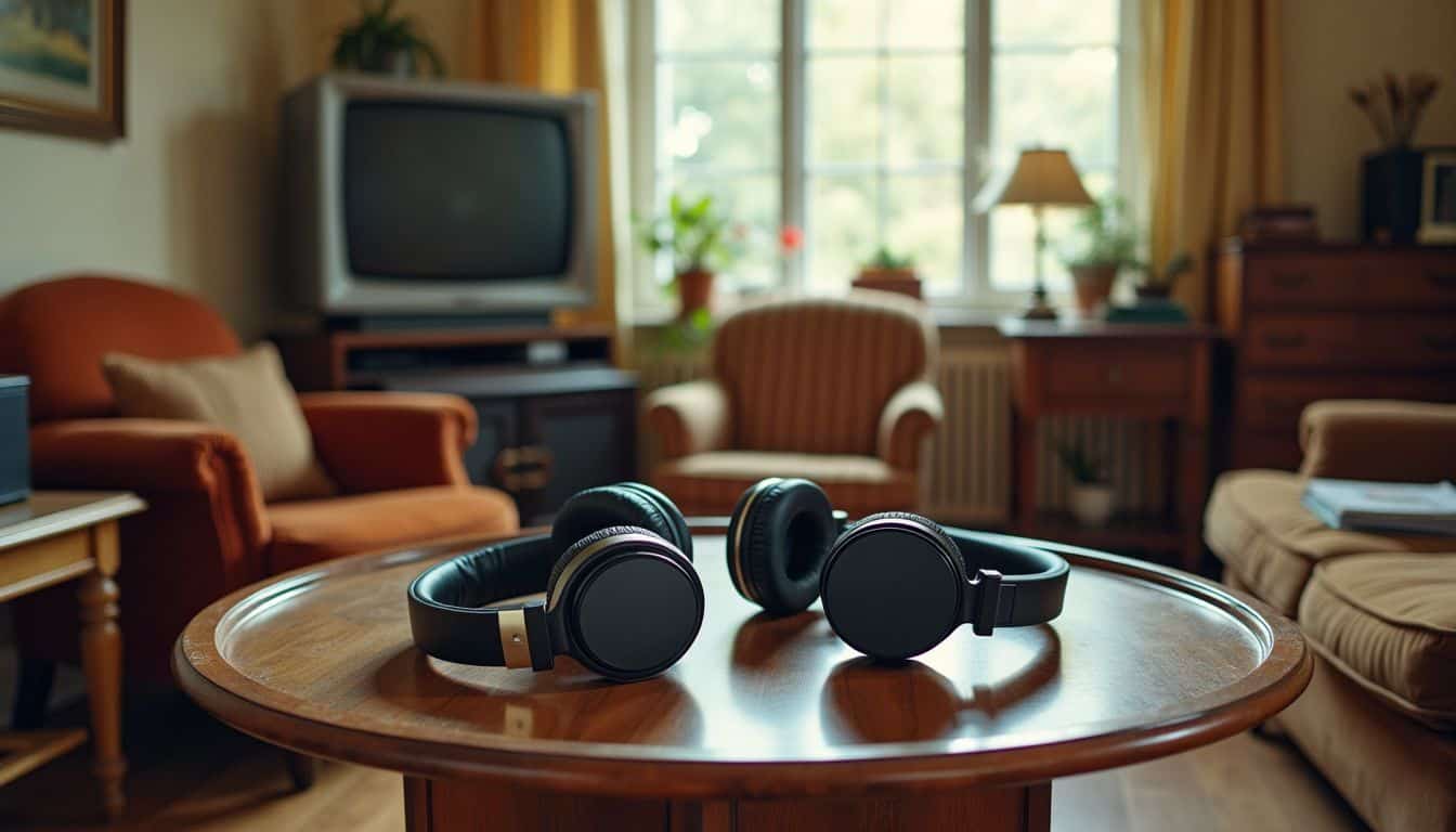 A retro living room showcases the evolution of wireless headphones.