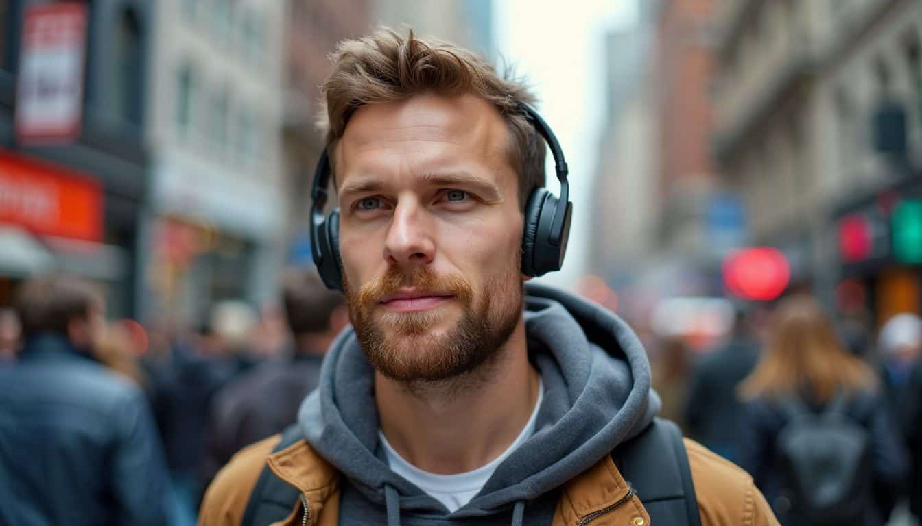 A man walking through a busy city street wearing wireless headphones.