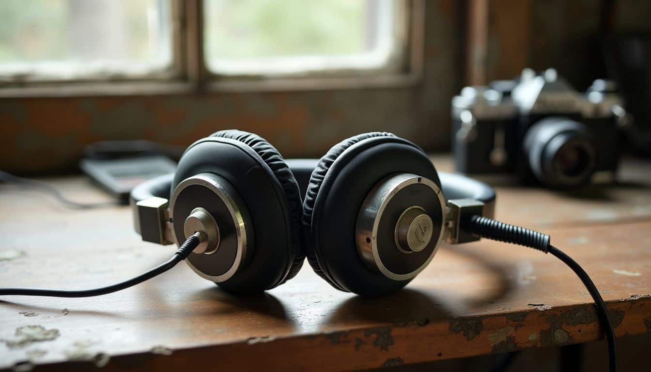 A vintage 1958 headphones on a weathered wooden desk.