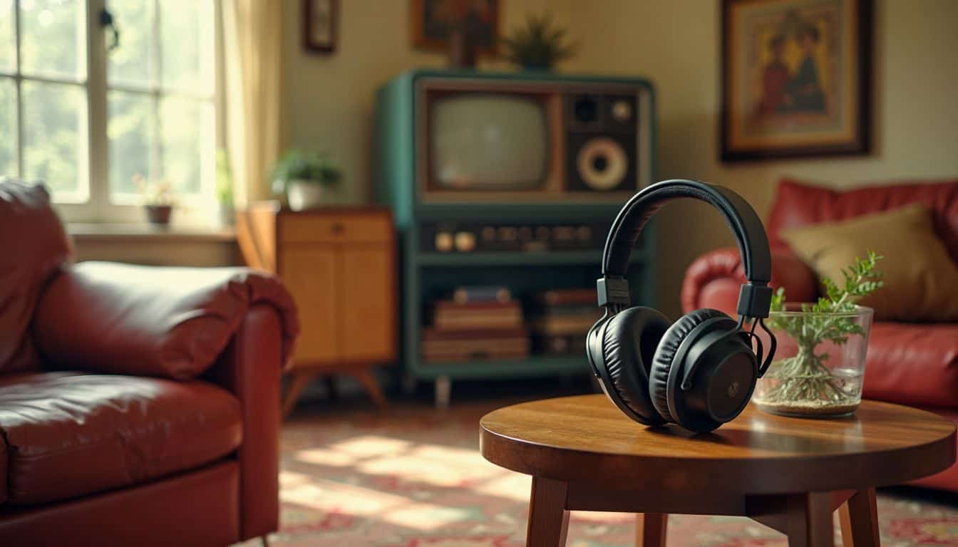 A vintage living room with retro decor and first-generation wireless headphones.