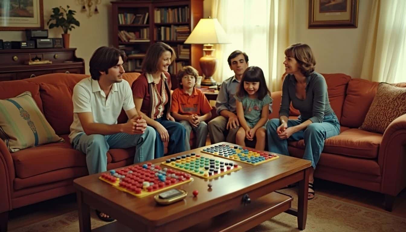 A family enjoying a classic Simon game in a vintage living room.