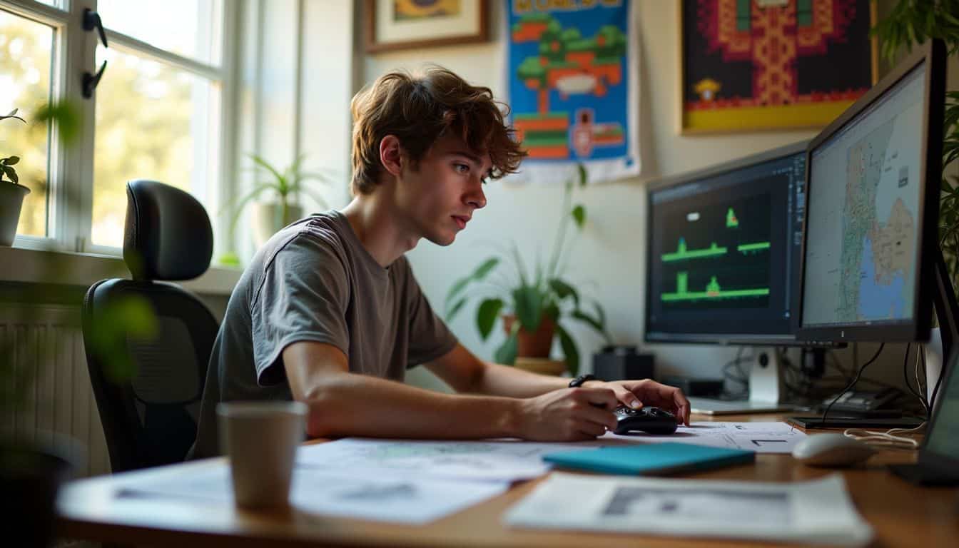 A young game developer working on a project in their home office.