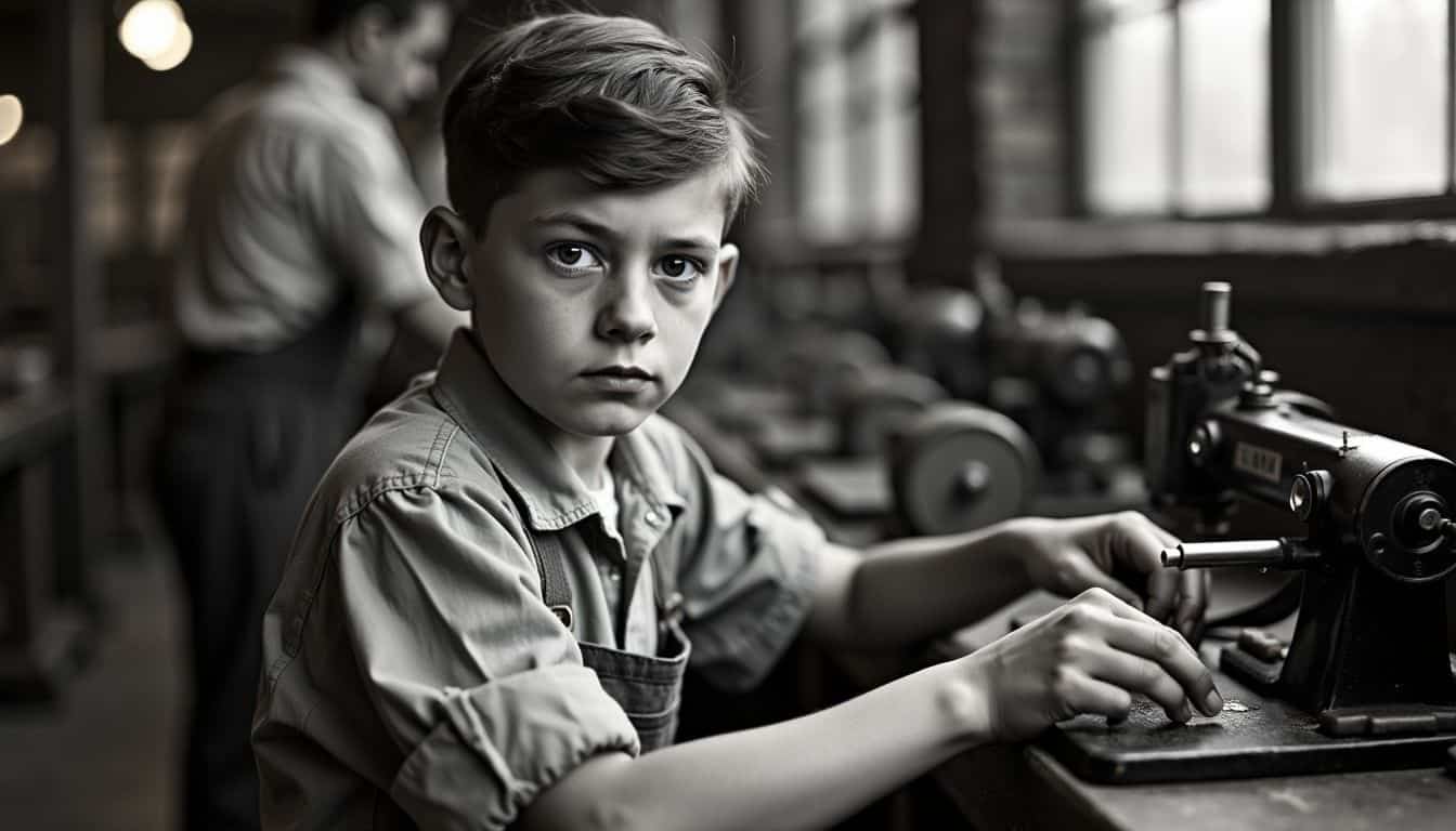 A 14-year-old boy works in a New York City factory in 1938.