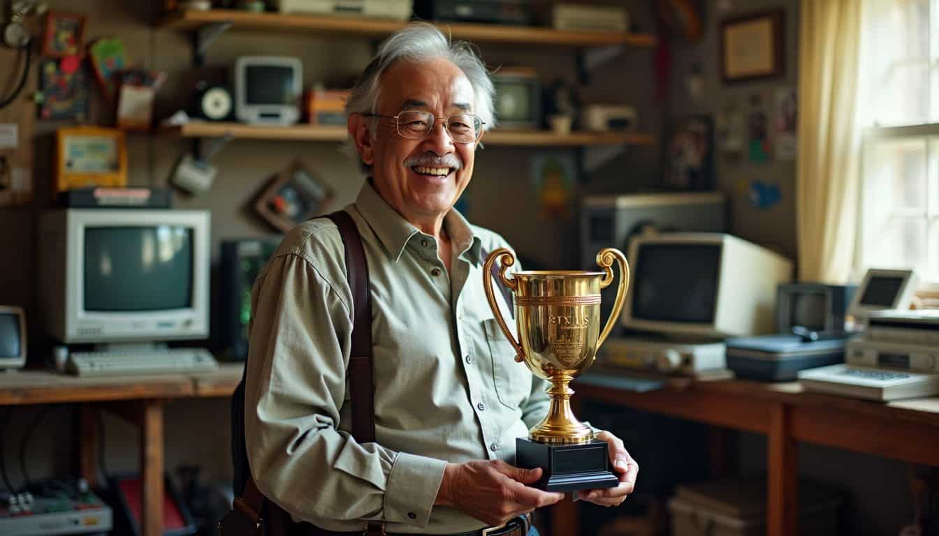 An elderly man proudly holds a tech award in his vintage living room filled with old video game consoles and cluttered workbenches.