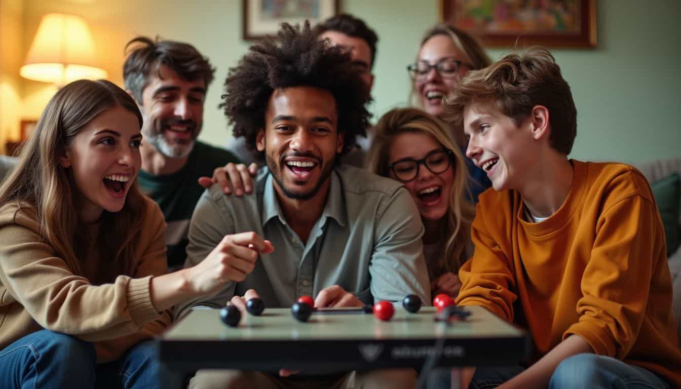 A diverse group of people playing video games in a cozy living room.