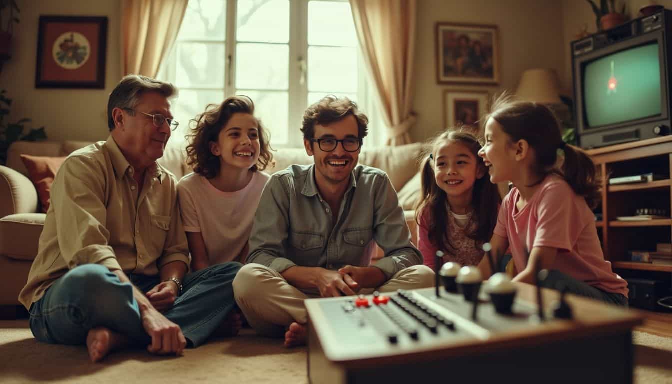 A family enjoys playing a vintage home video game console together.